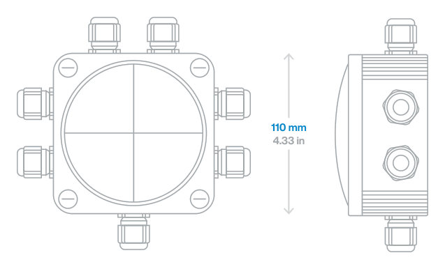 Y:Link Relay Module dimensional drawing: 110 mm enclosure, front and side views