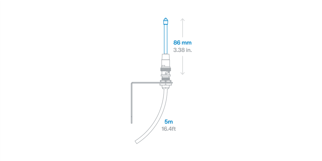 RF Long-Range External Antenna drawing: 86 mm antenna on its bracket with the 5 m cable